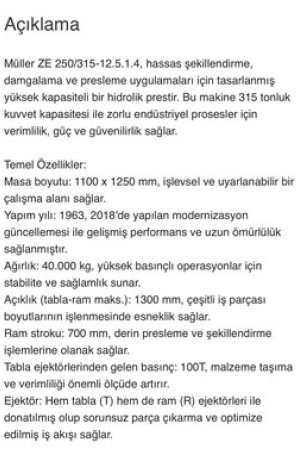 FOTOSELLİ MÜLLER hidrolik pres 315 ton üst/100 ton alt çift teysirli